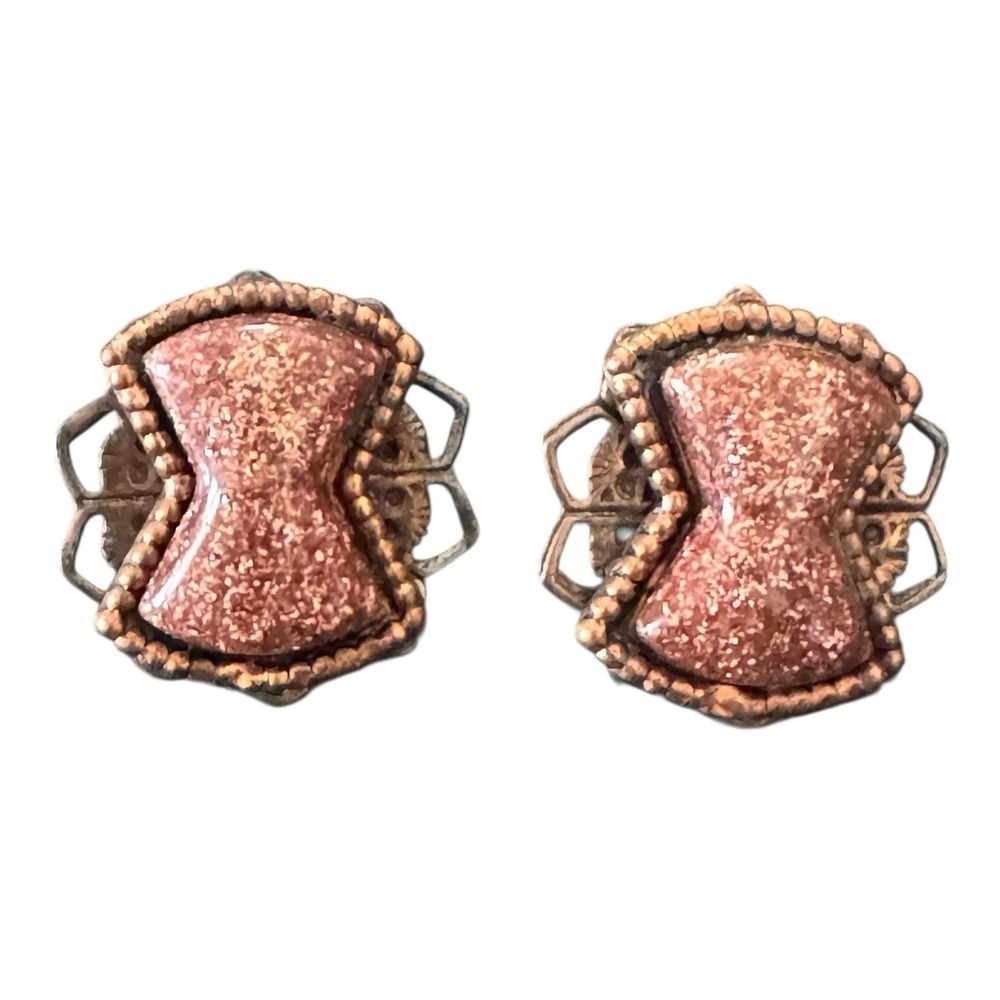 Atomic Copper Tone Gold Glitter Resin Lucite Clip Earrings Mid Century Hourglass